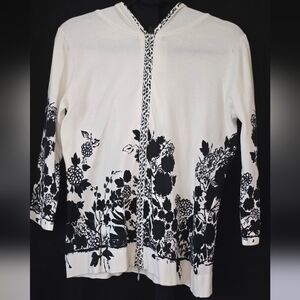 NWT Soma White With Black Flowers Zip-Up Sweater With Hood, Size M